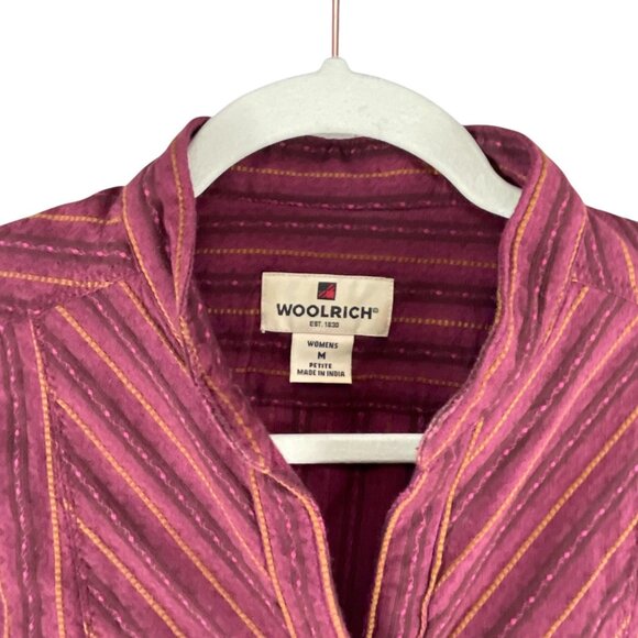 Woolrich Womens Petite Sz M Striped Button-Up Shirt Cotton Long Sleeve Burgundy - Picture 2 of 7